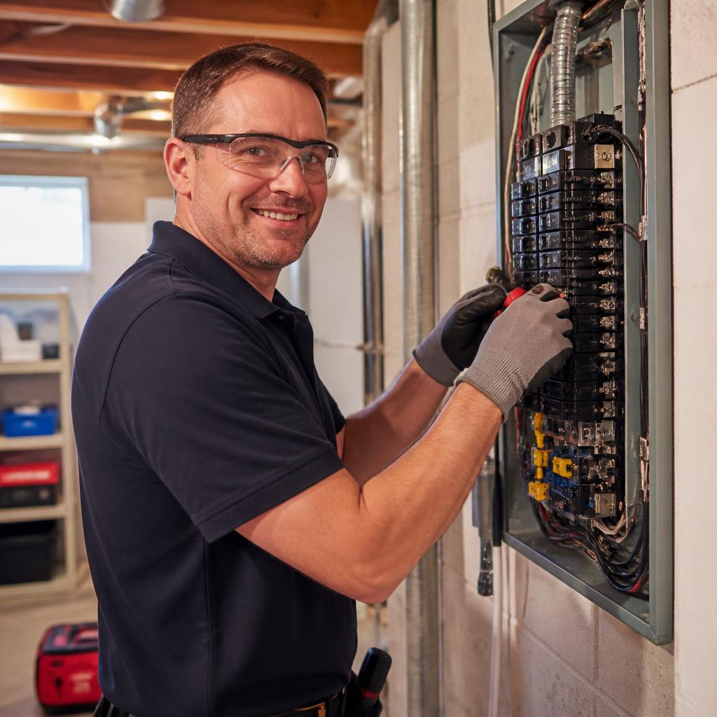 Master electrician working on a panel